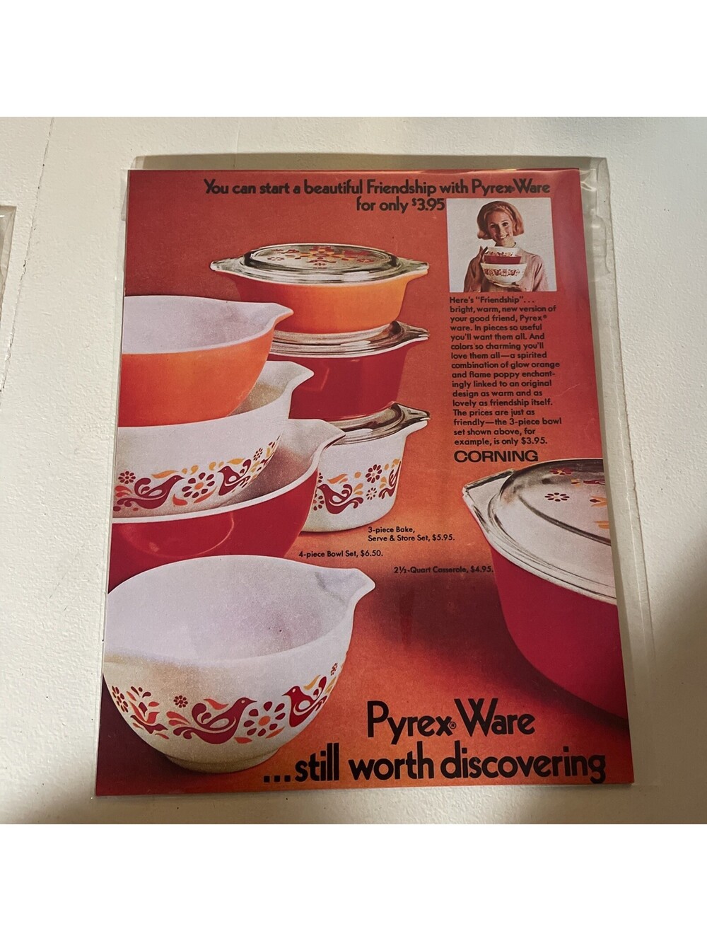 Pyrex Ware PRINT 8.5"x11" Sign Vintage 1971 Friendship Pattern Baking Set Bowl